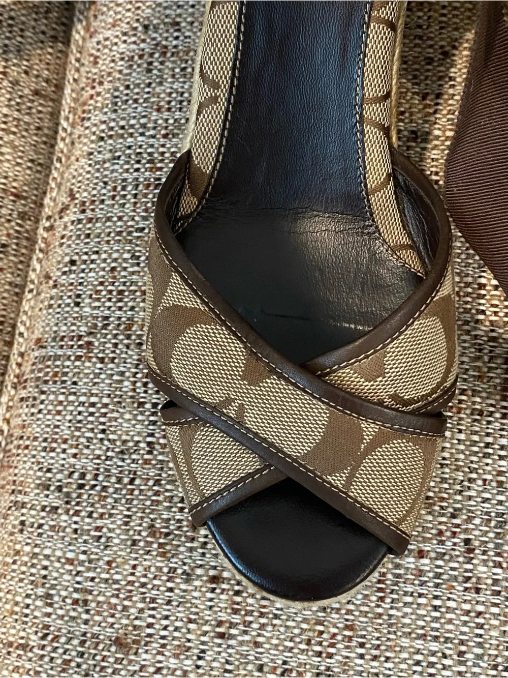 Coach Tan and Brown Signature Canvas Wedge Sandals with Ankle Wrap